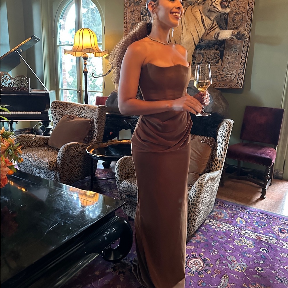 House of CB - Toffee Velvet Strapless Corset Maxi